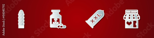 Set Dildo vibrator, Bottle with pills for potency, Condom safe sex and Sex shop building icon. Vector.