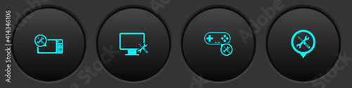 Set Microwave oven service, Computer monitor, Gamepad and Location icon. Vector.