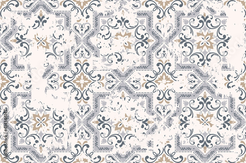Seamless vintage pattern with an effect of attrition. Patchwork carpet. Hand drawn seamless abstract pattern from tiles. Azulejos tiles patchwork. Portuguese and Spain decor. © psk55