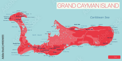 Grand Cayman island detailed editable map, vector EPS-10 file