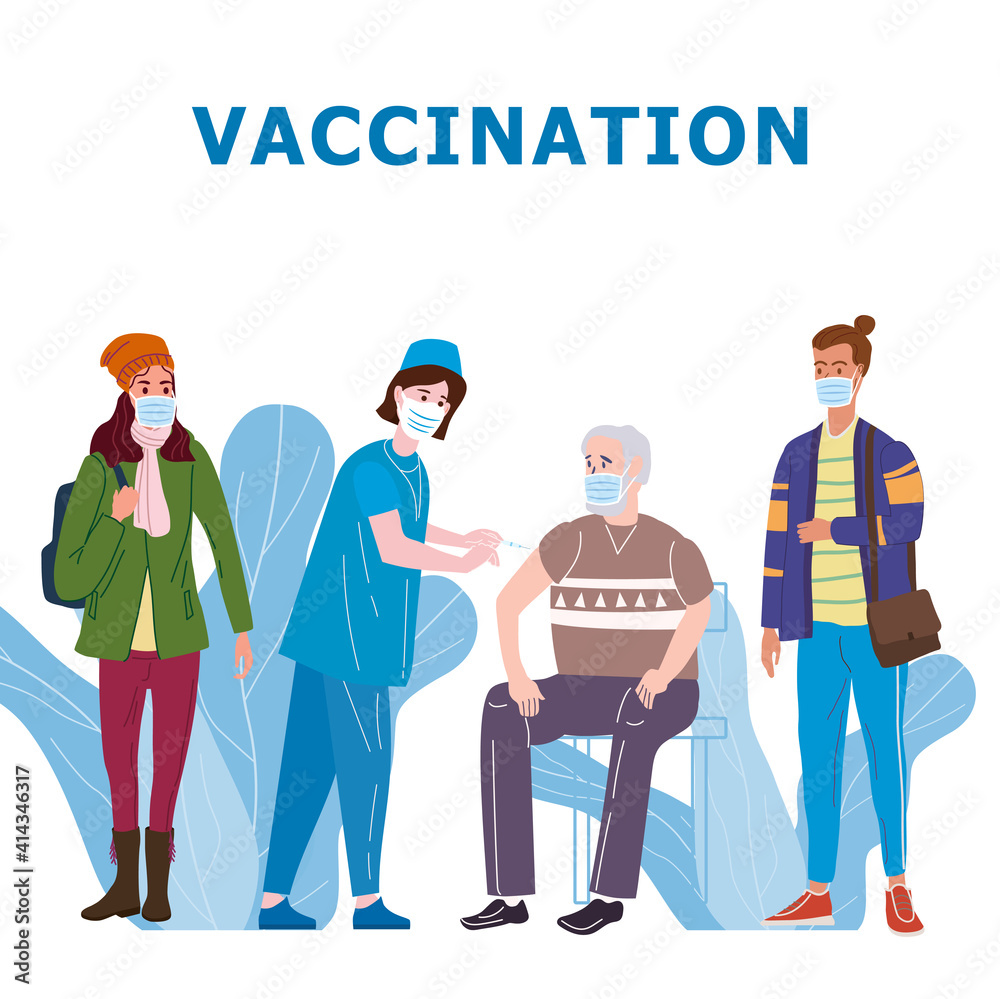 Vaccination people for immunity health. Doctor and nurse makes injection of of flu vaccine in hospital. Healthcare preventation and immunize