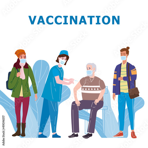 Vaccination people for immunity health. Doctor and nurse makes injection of of flu vaccine in hospital. Healthcare preventation and immunize