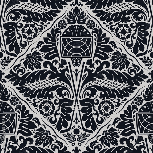 Traditional damask featuring hockey equipment: a helmet, two sticks, a puck, a net with distinctive symmetrical florals, acanthus leaves, elaborately scrolled motifs and other natural elements, black.