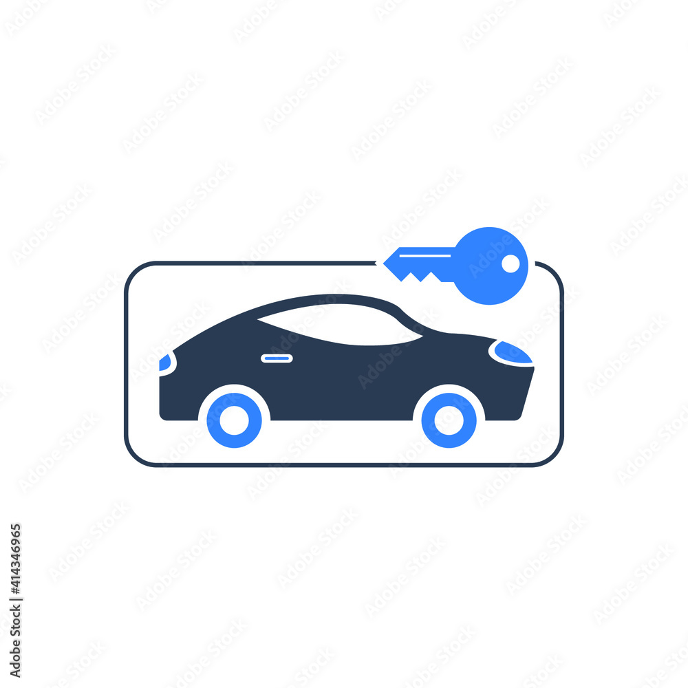 Rent a car icon. Car price icon. Buying a car icon. rent time, rent price, buy time, dollar, money, key icon with vector illustration, flat style, black shape, two color, thin line.