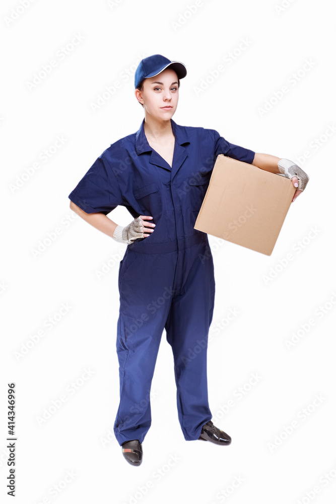 Full Length Portrai ot Gleeful and Positive Caucasian Female Messenger With One Freight of Carton Box Parcel to Addressee. Full Length Portrai ot Gleeful and Positive Caucasian Female Messenger With One Freight of Carton Box Parcel to Addressee.