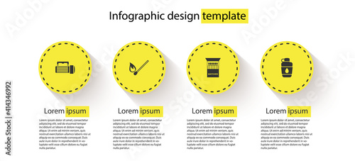 Set Flashlight, Burning match with fire, Open matchbox and matches and Canteen water bottle. Business infographic template. Vector.