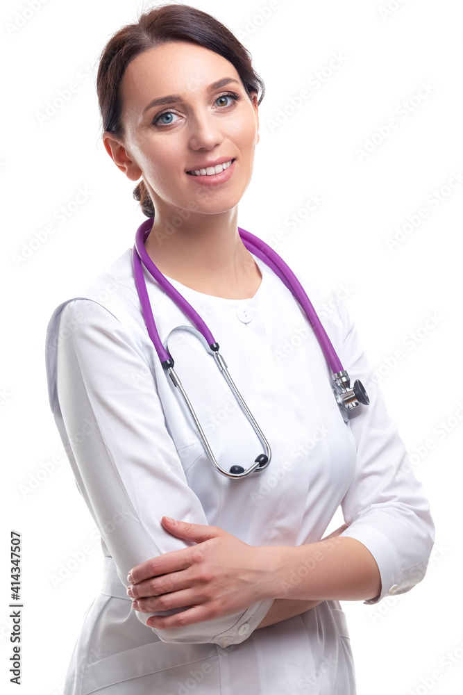 Portrait of Professional Smiling Female GP Doctor Posing in Doctor's Smock and Endoscope On White Background. Portrait of Professional Smiling Female GP Doctor Posing in Doctor's Smock and Endoscope On White Background.