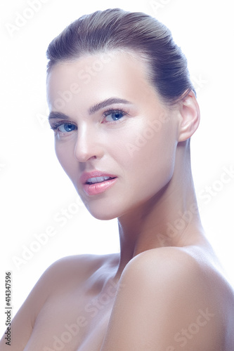 Tableau sur toile Portrait of Young Caucasian Woman with Clean Skin for Facial Treatment,  Cosmetology, Beauty and Spa