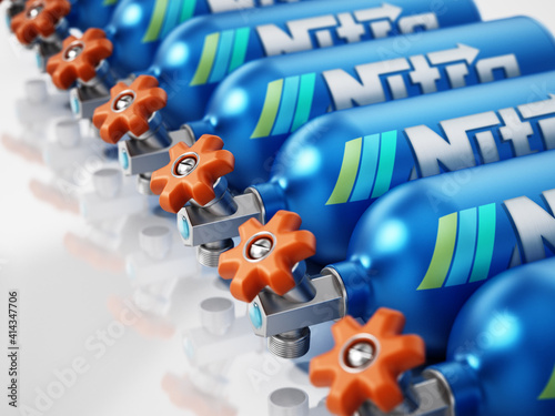 Fotografie Group of blue Nitrous Oxide tanks. 3D illustration