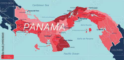 Panama country detailed editable map with regions cities and towns, roads and railways, geographic sites. Vector EPS-10 file