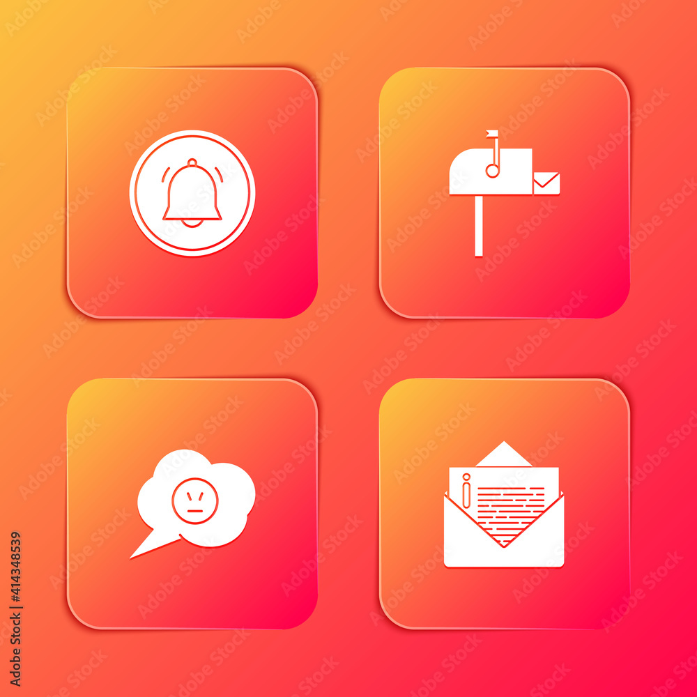 Set Button chat notification, Open mail box, Speech bubble with angry smile and Envelope icon. Vector. Set Button chat notification, Open mail box, Speech bubble with angry smile and Envelope icon. Vector.