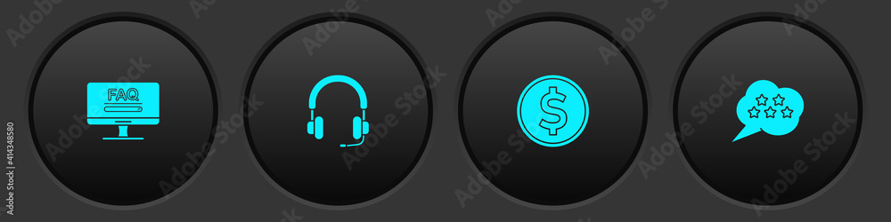 Set Monitor with FAQ information, Headphones, Coin money dollar and Five stars rating review icon. Vector. Set Monitor with FAQ information, Headphones, Coin money dollar and Five stars rating review icon. Vector.