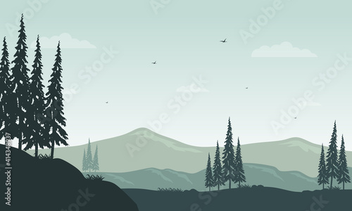 Sunny morning in the countryside with beautiful natural scenery. Vector illustration