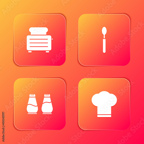 Set Toaster with toasts, Spoon, Salt and pepper and Chef hat icon. Vector.