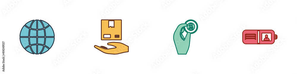 Set Worldwide, Delivery hand with boxes, Hand holding coin money and Wallet icon. Vector. Set Worldwide, Delivery hand with boxes, Hand holding coin money and Wallet icon. Vector.