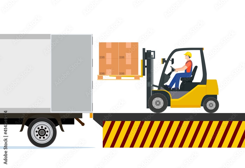 Forklift loading pallet boxes into truck. Warehouseman with checklist. Electric uploader loading