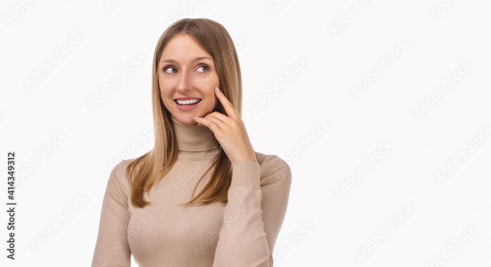 Photo of thinking young woman touching herself face by index finger, making plan, pondering. Thinking positive Photo of thinking young woman touching herself face by index finger, making plan, pondering. Thinking positive