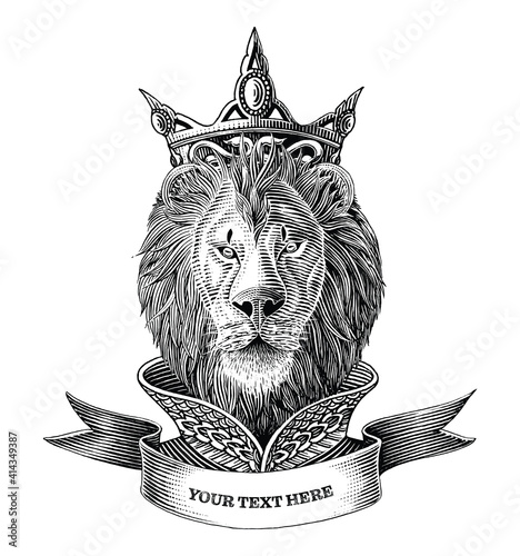 The lion king logo with banner hand draw vintage engraving illustration black and white clip art isolated on white background
