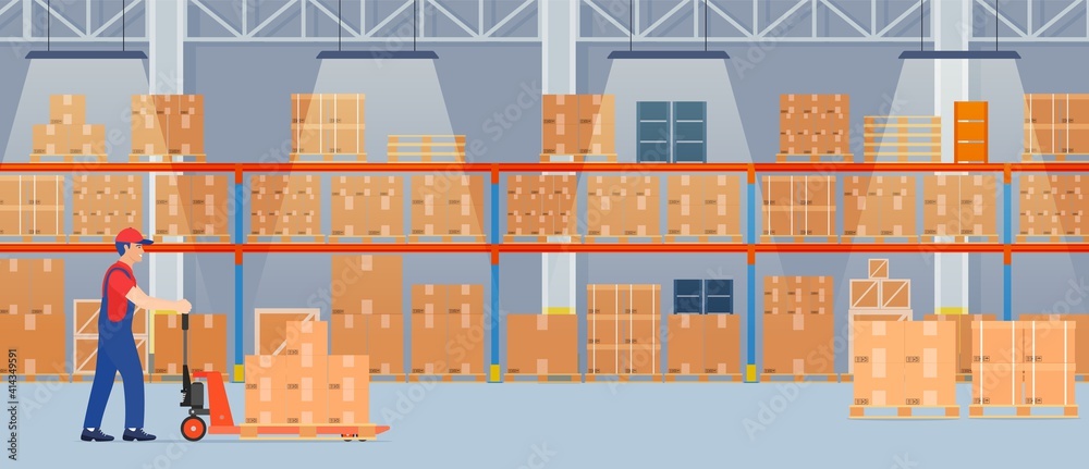 Warehouse interior with cardboard boxes on metal racks and working people.. Warehouse interior with goods, pallet trucks and container package boxes. Vector illustration in flat style