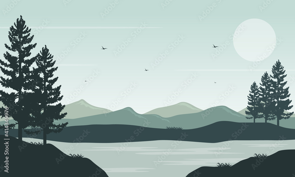 Amazing view of mountains in the morning on the riverbank. Vector illustration