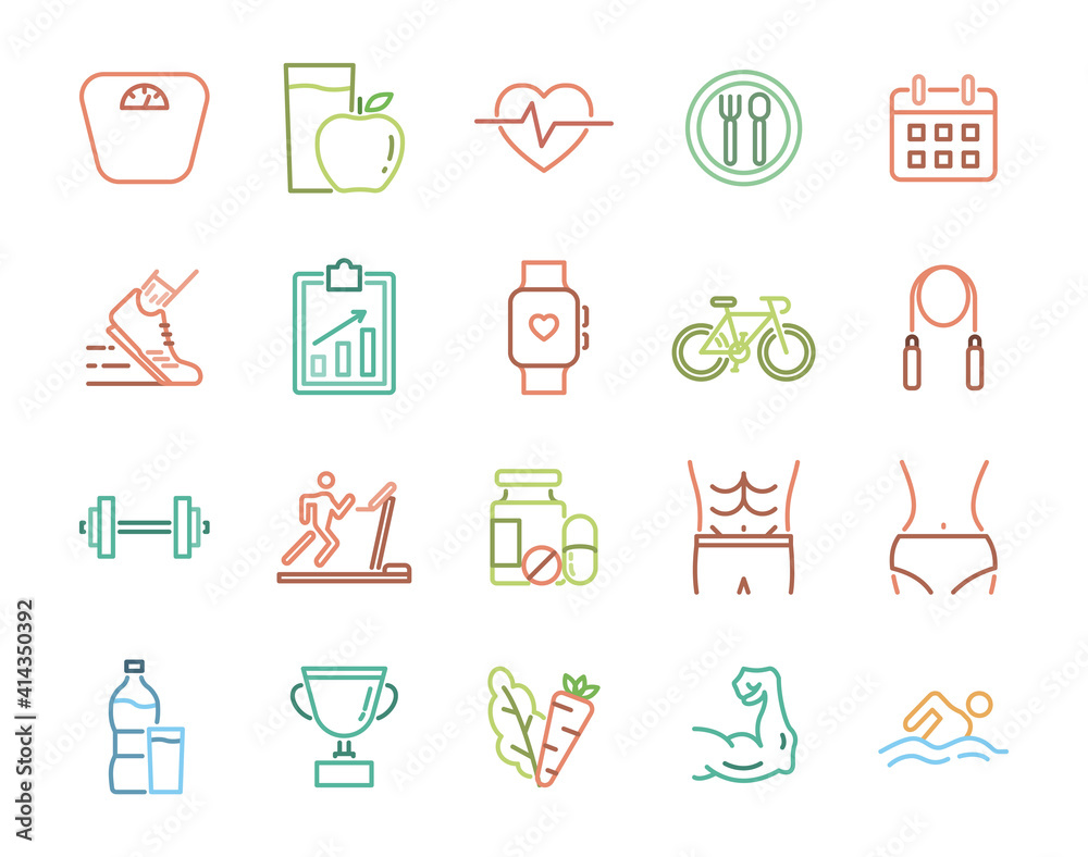 Exercise and healthy program line icons set. Exercise and healthy program line icons set.
