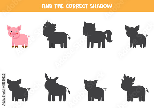 Find the correct shadow of cute pig. Logical puzzle for kids.