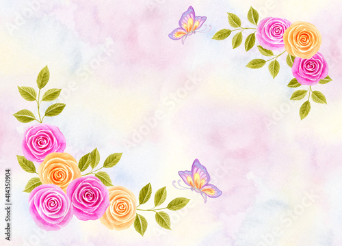 Hand drawn spring watercolor painting with pink and yellow roses flowers and butterfly for Happy Mother's Day greeting card. Floral corner ornament on watercolor background.