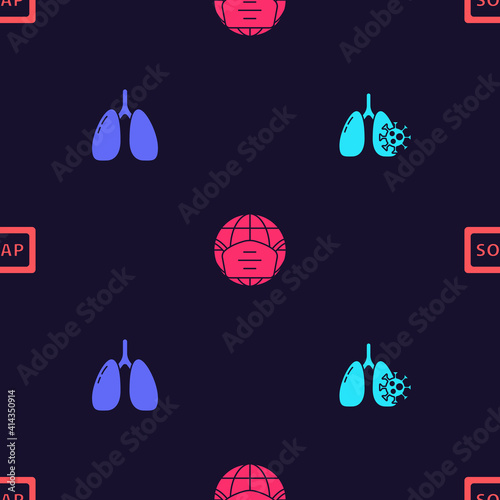 Set Virus cells in lung, Lungs, Earth with medical mask and Bar of soap on seamless pattern. Vector.