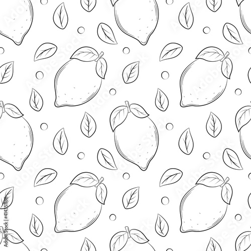 Seamless pattern with lemons and leaves. Black and white hand-drawn linear elements are isolated on a transparent background. For the design of kitchen accessories and food packaging.