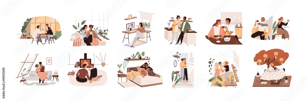 Heterosexual and homosexual love couples during holiday celebration. Scenes with happy lovers on indoors and online romantic dates. Color flat cartoon vector illustration isolated on white background
