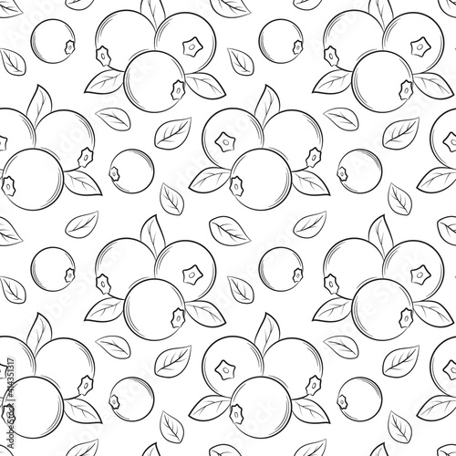 Seamless pattern with blueberries and leaves. Simple black-and-white hand-drawn linear elements are isolated on a transparent background. For the design of kitchen accessories and food packaging.