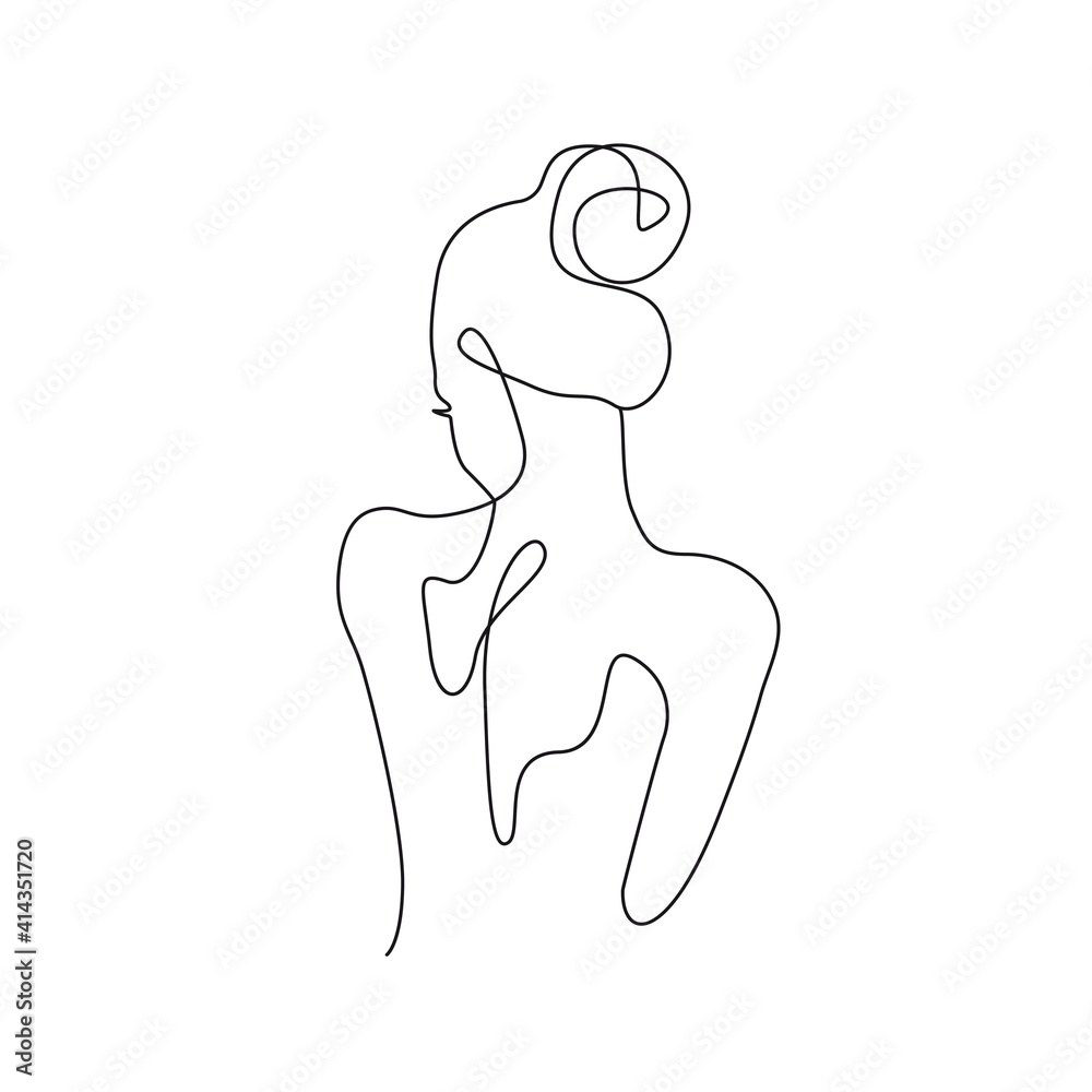 Woman Naked Back with Hairstyle Continuous One Line Drawing. Female Body Minimalist Black Lines Drawing. Female Continuous One Line Abstract Drawing. Modern Wall Art Print Design. Vector Illustration.