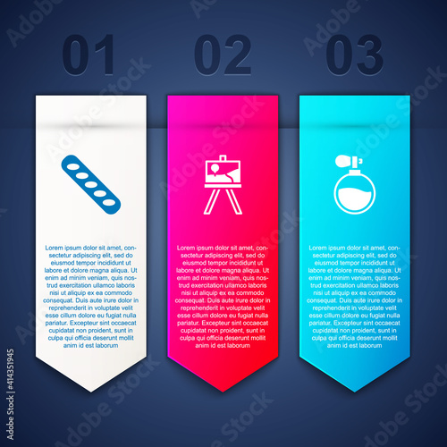 Set French baguette bread, Easel or painting art boards and Perfume. Business infographic template. Vector.