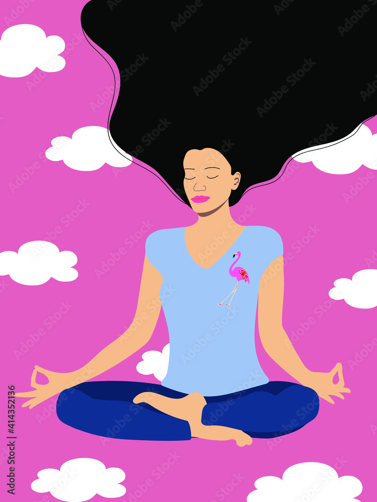 A sporty girl with long hair sits in a lotus position and meditates. Mentally dreams and feels light, as if flying in the clouds. Vector graphics.