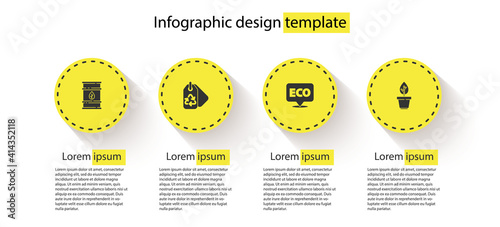 Set Bio fuel barrel, Tag with recycle, Label for eco healthy food and Plant in pot. Business infographic template. Vector.