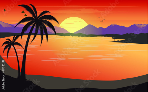 beautiful sunrise from the mountains on the lake view vector design