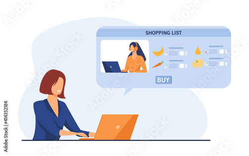 Customer using online app or service for buying food online. Operator at laptop, shopping list. Flat vector illustration. Internet, grocery concept for banner, website design or landing web page