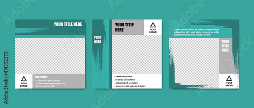 Simple social media templates pack with brush  background elements. Green, blue ad grey colors. Facebook posts for business with place for photos