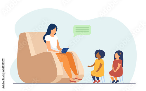 Mom spending time at home with missed race kids. Mother reading book to daughters in living room. Flat vector illustration. Family, adoption concept for banner, website design or landing web page
