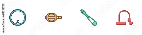 Set Bicycle wheel, pedal, Screwdriver and lock icon. Vector.
