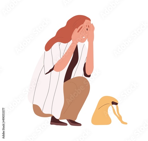 Afraid and frightened person crouched in fear and hide face with palms. Terrified woman with scared facial expression. Colored flat cartoon vector illustration isolated on white background