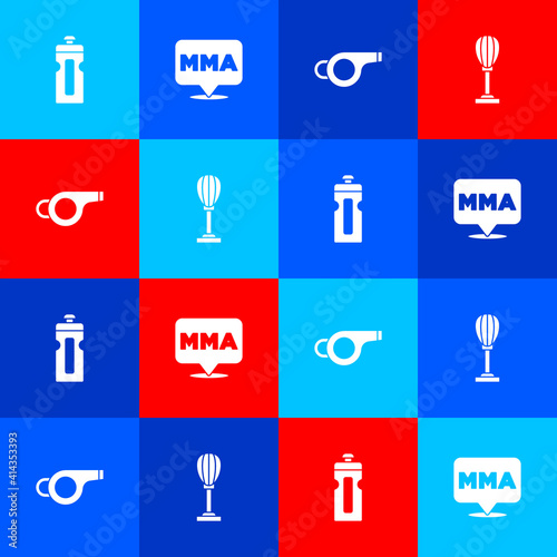 Set Fitness shaker, Fight club MMA, Whistle and Punching bag icon. Vector.