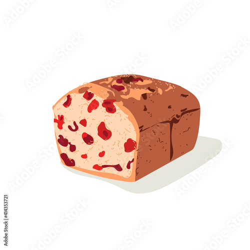 Traditional fruitcake dessert with candied fruits. Freshly baked sweet pastry, confectionery product flat vector illustration on white background