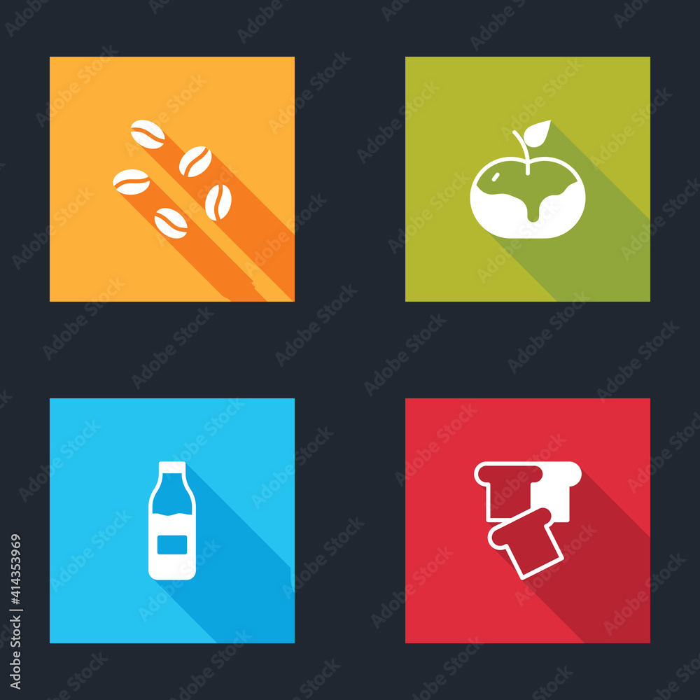 Set Coffee beans, Apple in caramel, Bottle with milk and Bread toast icon. Vector.
