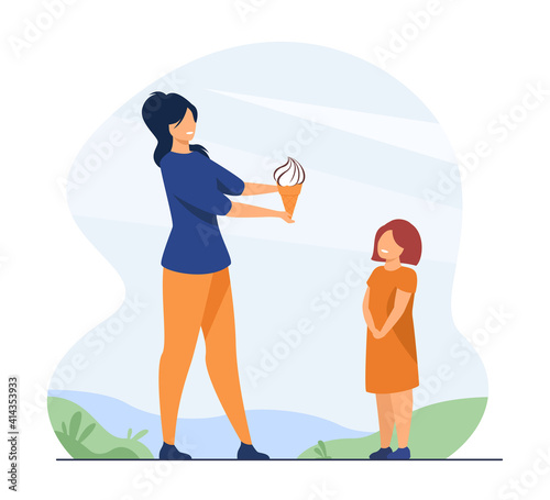 Mother and child walking in park. Mom giving ice cream to daughter kid. Flat vector illustration. Family activities, leisure time together concept for banner, website design or landing web page