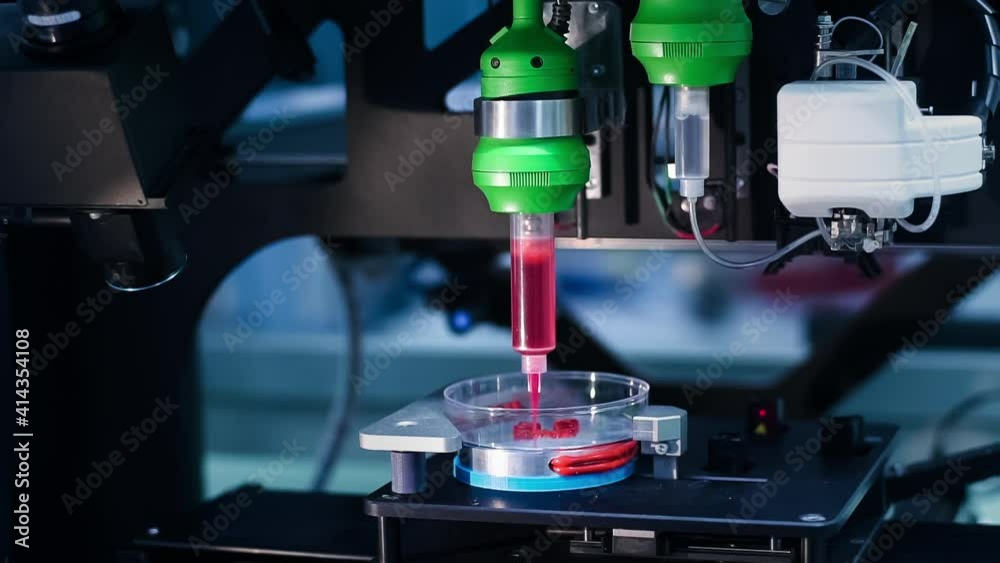 3D printer prints tissues for human surgery. Bioprinting futuristic regenerative medicine. Real process of printing organs and tissue on a 3d bioprinter