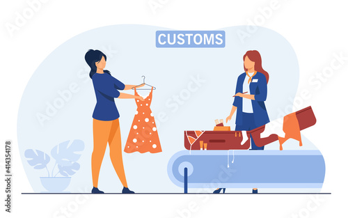 Customs employee checking luggage of tourist. Woman showing suitcase and clothes to inspector. Flat vector illustration. Baggage inspection concept for banner, website design or landing web page