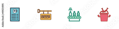 Set Beer menu, Street signboard with, Conveyor band, beer and bottles in ice bucket icon. Vector.