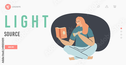 Woman Use Flashlight as Source of Light Landing Page Template. Female Character Reading Book in Darkness Use Flashlight
