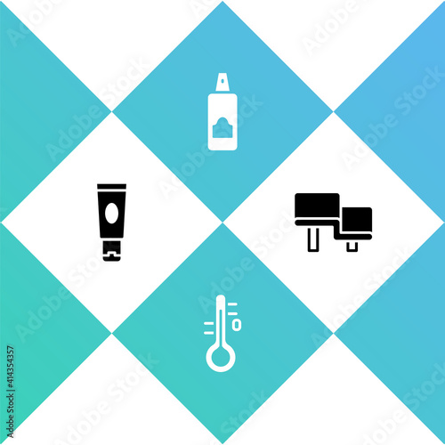 Set Cream or lotion cosmetic tube, Sauna thermometer, Spray can for hairspray and wood bench icon. Vector.